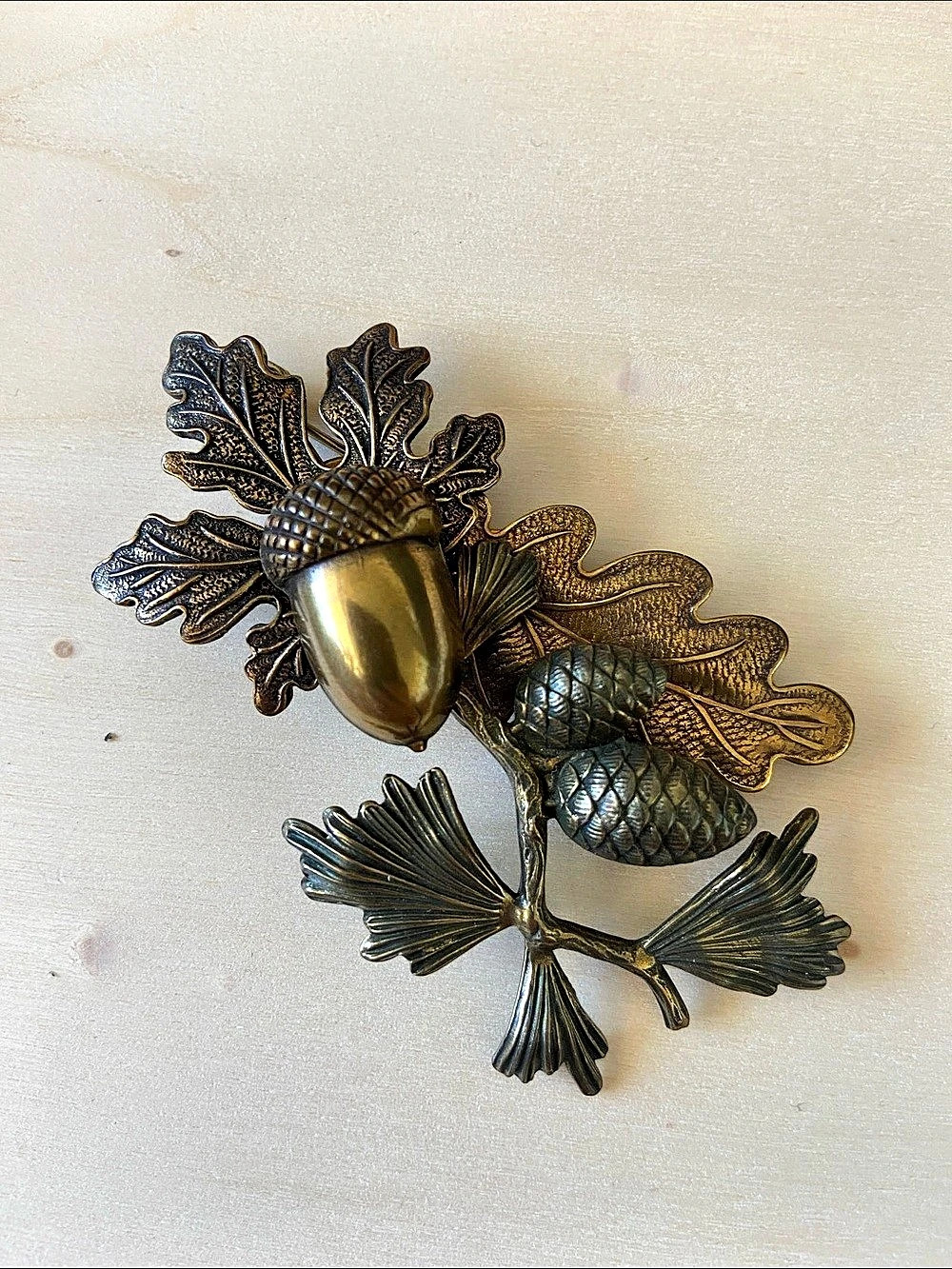 Vtg Jan Michaels San Francisco Oak Leaf Acorn Brooch Pendant Brass 1980s Autumn